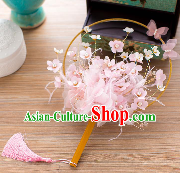 Chinese Handmade Classical Pink Flowers Palace Fans Ancient Wedding Round Fans for Women