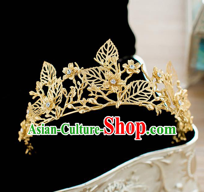 Handmade Classical Hair Accessories Baroque Bride Golden Leaf Royal Crown Headwear for Women
