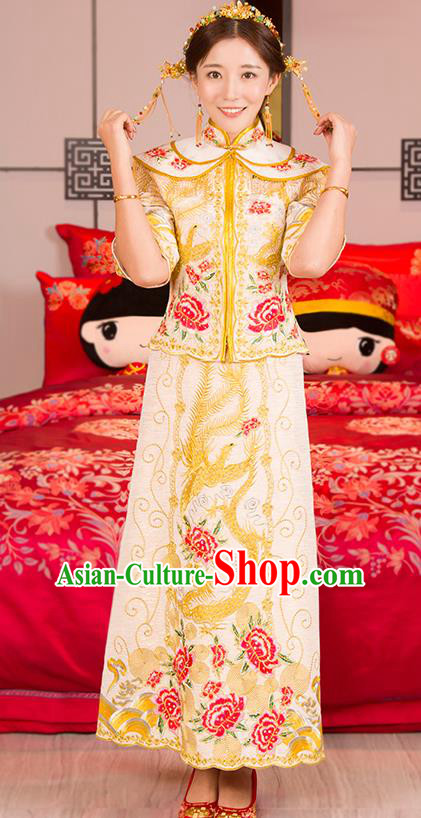 Traditional Ancient Chinese Wedding Costume, China Style Xiuhe Suits Bride Toast Golden Embroidered Clothing for Women