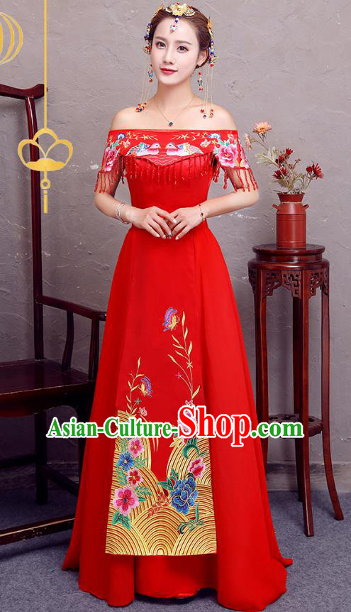Top Grade Modern Dance Costume Bride Toast Cheongsam Embroidered Xiuhe Suit Dress for Women