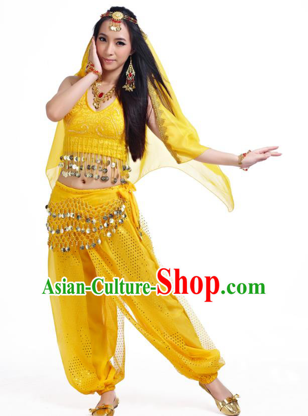 Traditional Indian Belly Dance Sequined Yellow Dress Asian India Oriental Dance Costume for Women