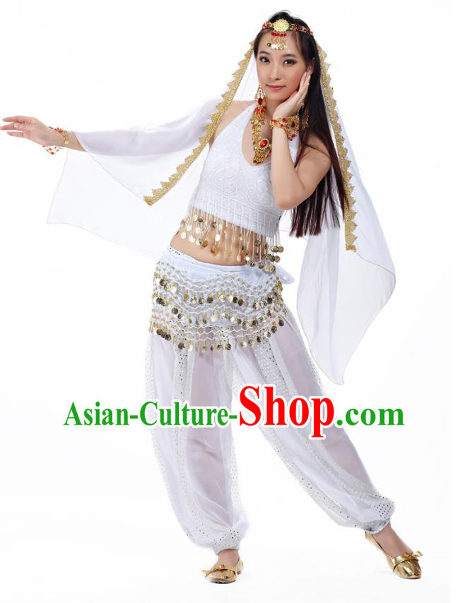 Traditional Indian Belly Dance Sequined White Dress Asian India Oriental Dance Costume for Women