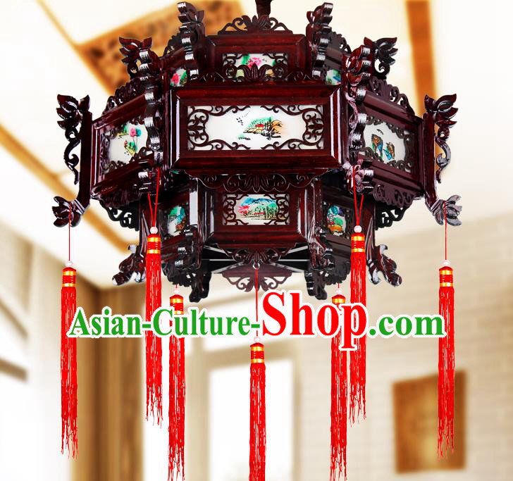 Traditional Chinese Painted Wood Palace Lanterns Handmade Lotus Hanging Lantern Ancient Ceiling Lamp