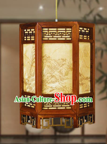 Traditional Chinese Landscape Painting Palace Lanterns Handmade Wood Hanging Lantern Ancient Ceiling Lamp