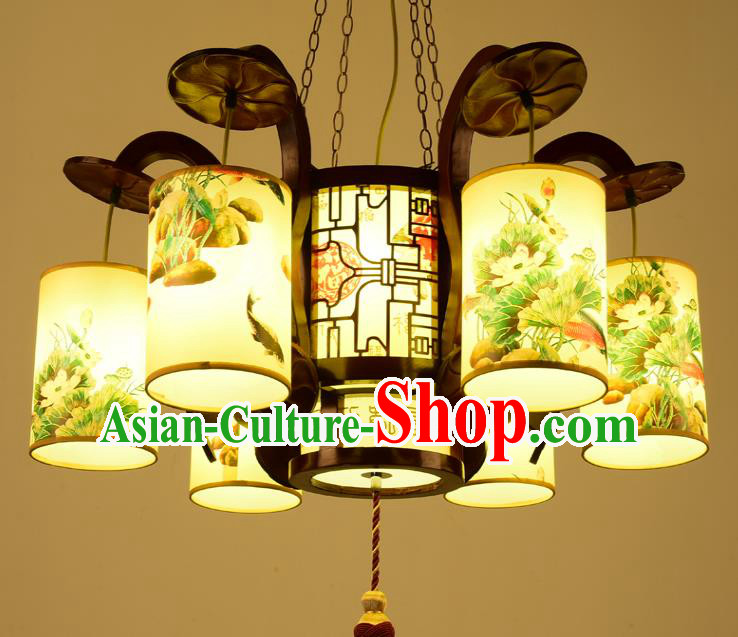 Traditional Chinese Six-Lights Hanging Palace Lanterns Handmade Painted Lantern Ancient Ceiling Lamp