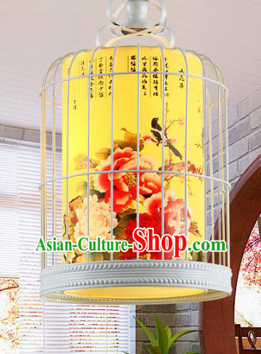 Traditional Chinese Painted Peony Birds Hanging Palace Lanterns Handmade Birdcage Lantern Ancient Ceiling Lamp