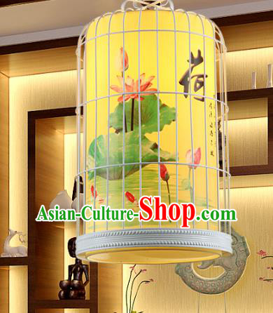 Traditional Chinese Painted Lotus Hanging Palace Lanterns Handmade Birdcage Lantern Ancient Ceiling Lamp