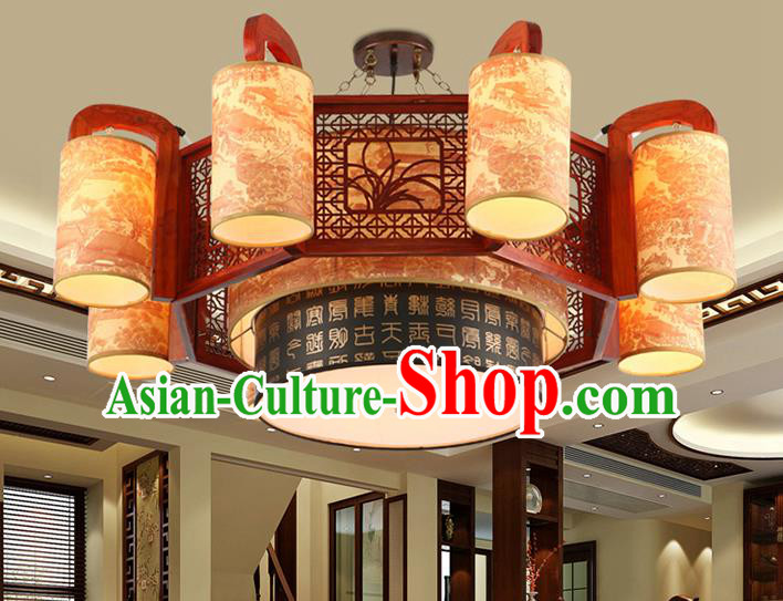Traditional Chinese Wood Orchid Palace Lanterns Handmade Eight-Lights Lantern Ancient Ceiling Lamp