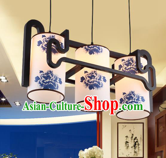 Traditional Chinese Painting Peony Three-Lights Ceiling Palace Lanterns Handmade Wood Hanging Lantern Ancient Lamp