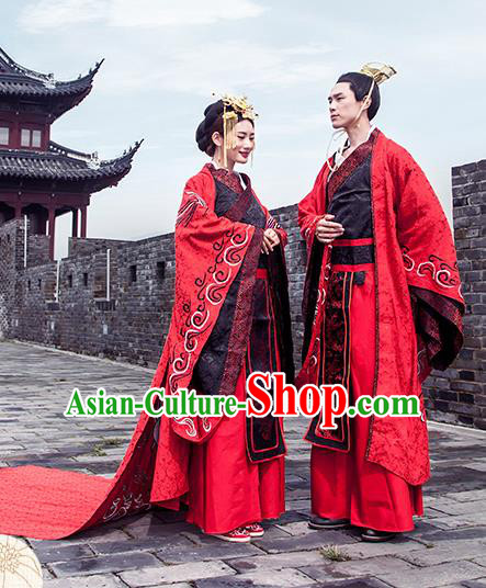 Chinese Han Dynasty Wedding Costume Ancient Emperor and Empress Embroidered Clothing Complete Set