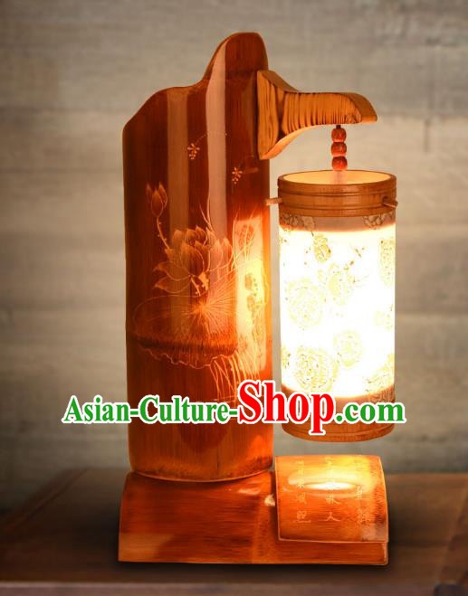 Traditional China Bamboo Carving Lotus Lanterns Handmade Lantern Ancient Desk Lamp