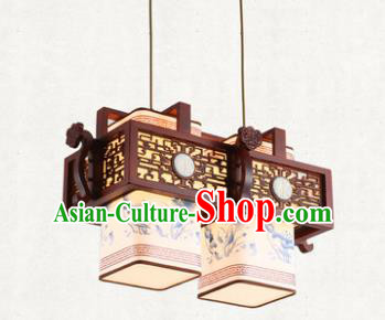 Traditional Chinese Handmade Two-Lights Hanging Lantern Painting Lotus Wood Lantern Ancient Palace Ceiling Lanterns