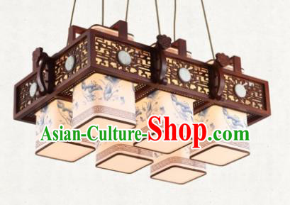 Traditional Chinese Handmade Six-Lights Hanging Lantern Painting Lotus Wood Lantern Ancient Palace Ceiling Lanterns