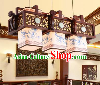 Traditional Chinese Handmade Three-Lights Hanging Lantern Painting Lotus Wood Lantern Ancient Palace Ceiling Lanterns