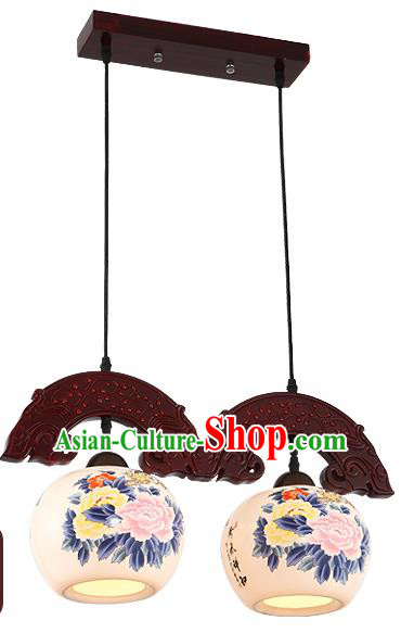 Traditional Chinese Handmade Two-Lights Hanging Lantern Wood Painting Peony Lantern Ancient Palace Ceiling Lanterns