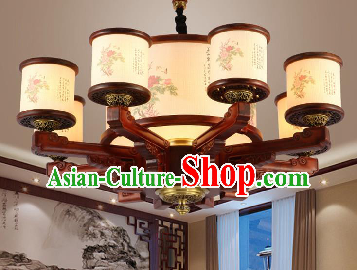 Traditional Chinese Handmade Painting Flowers Wood Lantern Eight-Lights Palace Lantern Ancient Ceiling Lanterns