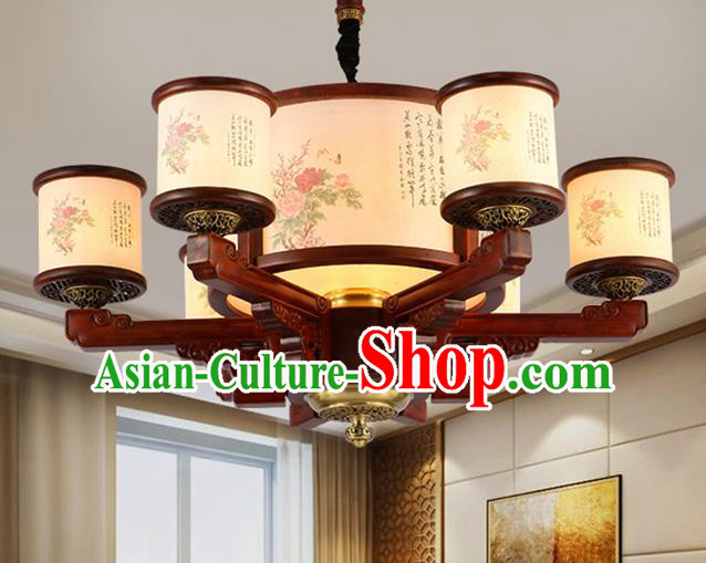 Traditional Chinese Handmade Painting Flowers Wood Lantern Six-Lights Palace Lantern Ancient Ceiling Lanterns