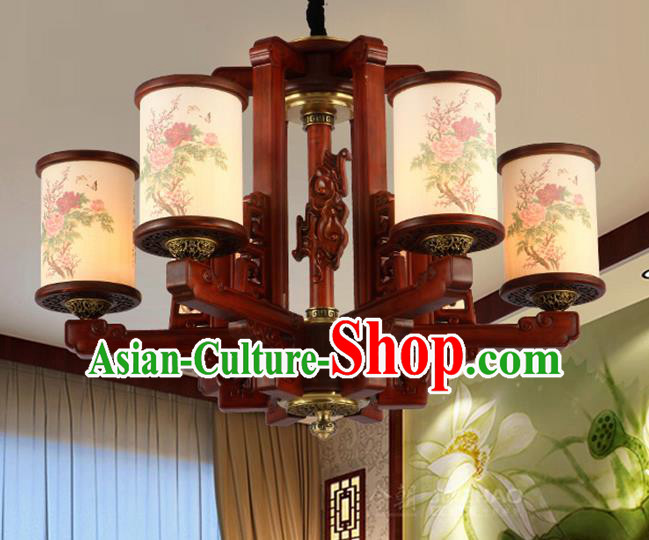 Traditional Chinese Handmade Painting Peony Wood Lantern Six-Lights Palace Lantern Ancient Ceiling Lanterns