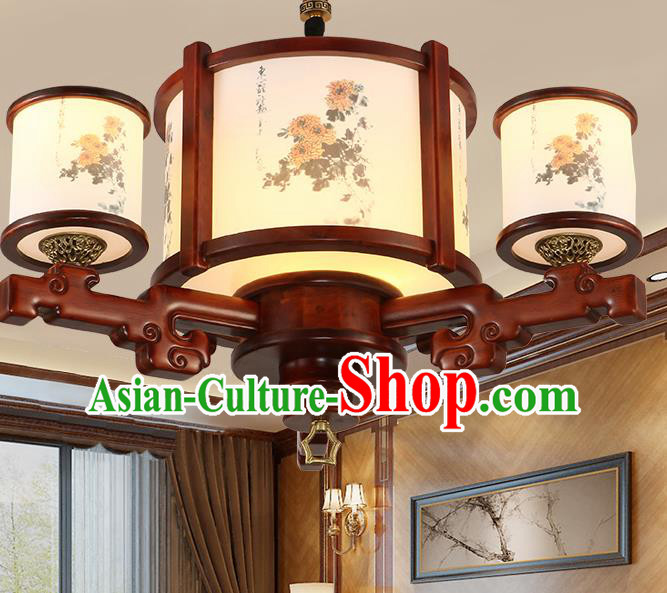 Traditional Chinese Handmade Painting Chrysanthemum Wood Lantern Three-Lights Palace Lantern Ancient Ceiling Lanterns