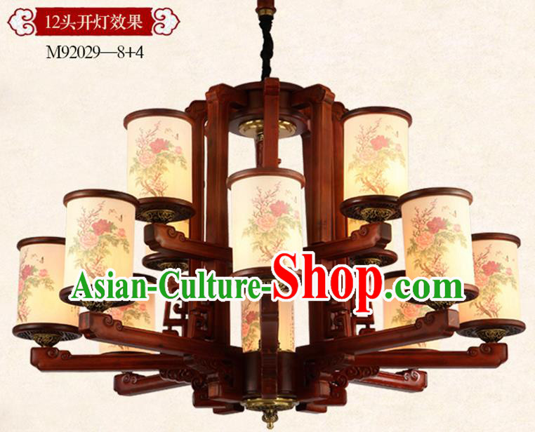 Traditional Chinese Handmade Painting Peony Wood Lantern Twelve-Lights Palace Lantern Ancient Ceiling Lanterns