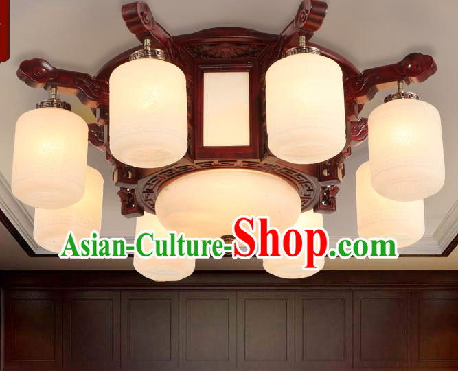 Traditional Chinese Handmade Eight-Lights Ceiling Lantern Rosewood Marble Palace Lanterns Ancient Lamp