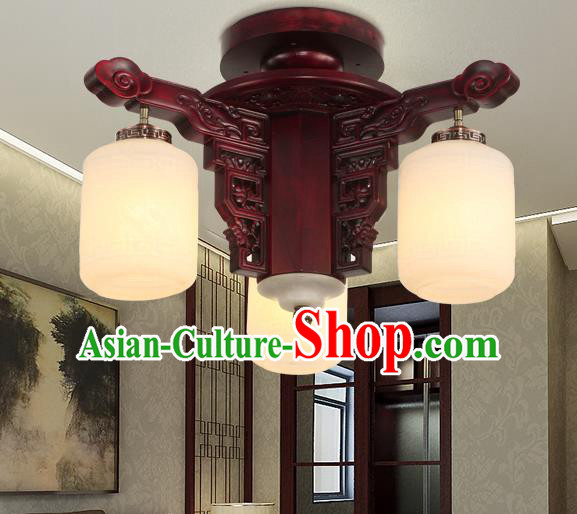 Traditional Chinese Handmade Three-Lights Ceiling Lantern Rosewood Marble Palace Lanterns Ancient Lamp