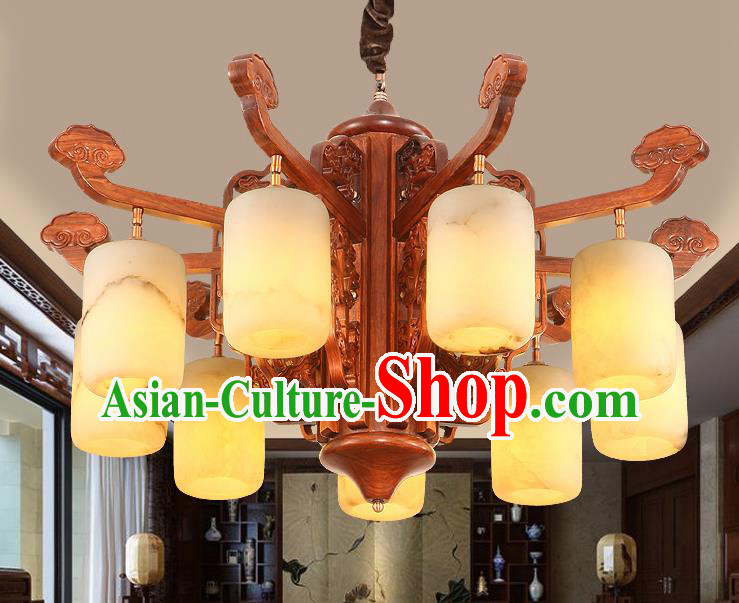 Traditional Chinese Handmade Marble Hanging Lantern Rosewood Nine-Lights Palace Lanterns Ancient Lamp