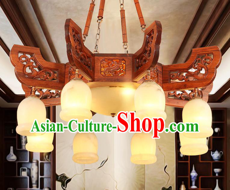 Traditional Chinese Handmade Wood Marble Ceiling Lantern Eight-Lights Palace Lanterns Ancient Lamp