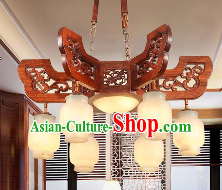 Traditional Chinese Handmade Wood Marble Ceiling Lantern Six-Lights Palace Lanterns Ancient Lamp