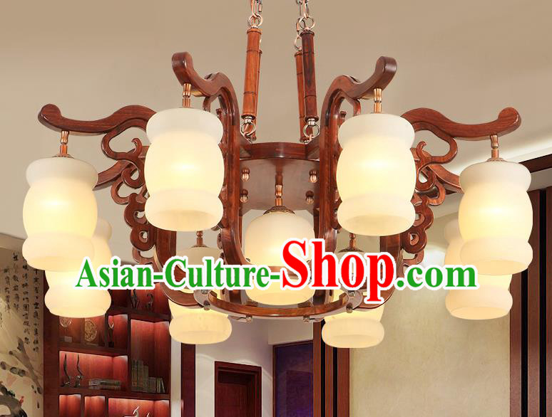 Traditional Chinese Handmade Rosewood Marble Ceiling Lantern Nine-Lights Palace Lanterns Ancient Lamp