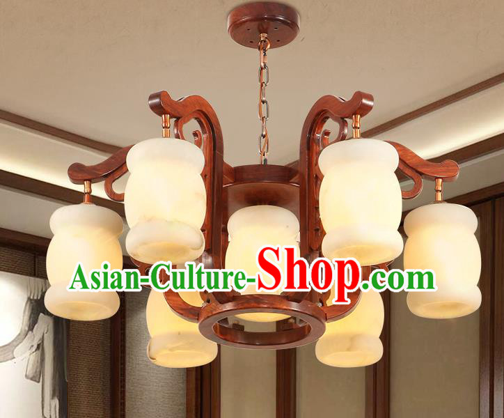 Traditional Chinese Handmade Rosewood Marble Ceiling Lantern Seven-Lights Palace Lanterns Ancient Lamp