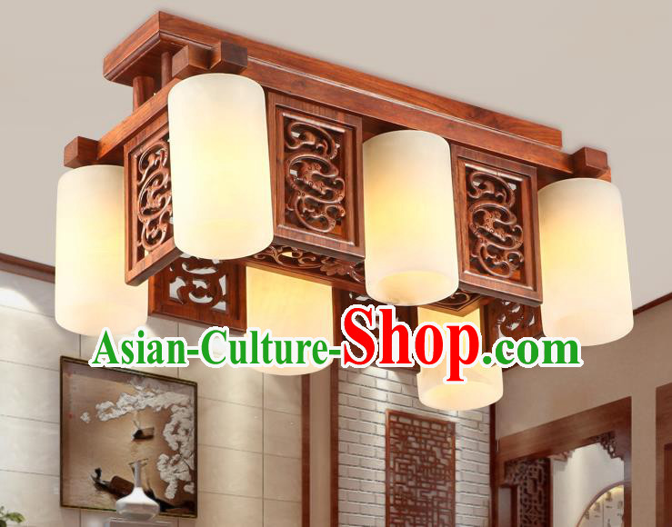 Traditional Chinese Handmade Marble Ceiling Lantern Wood Carving Six-Lights Palace Lanterns Ancient Lamp