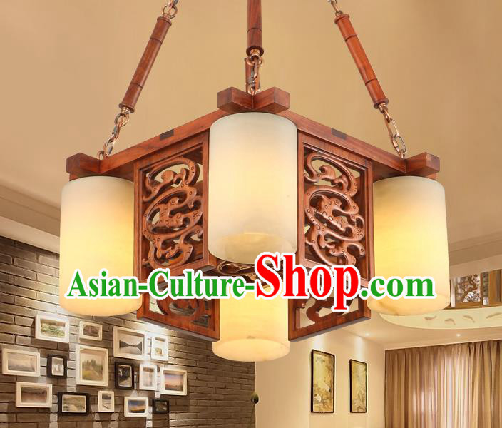 Traditional Chinese Handmade Marble Ceiling Lantern Wood Carving Four-Lights Palace Lanterns Ancient Lamp