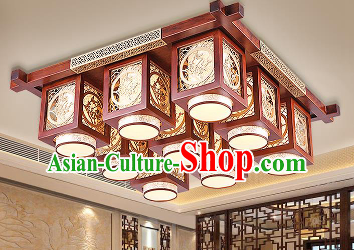 Traditional Chinese Handmade Palace Lantern Wood Carving Plum Blossom Nine-Lights Ceiling Lanterns Ancient Lamp
