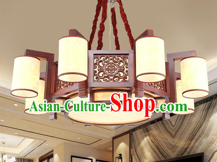 Traditional Chinese Handmade Palace Lantern Eight-Lights Lanterns Ancient Wood Hanging Lamp