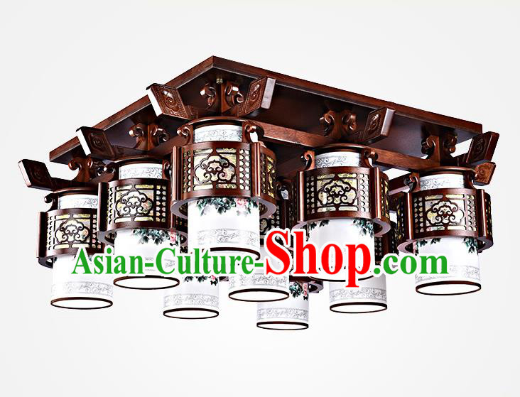 Traditional Chinese Painted Nine-Lights Palace Lantern Handmade Wood Ceiling Lanterns Ancient Lamp