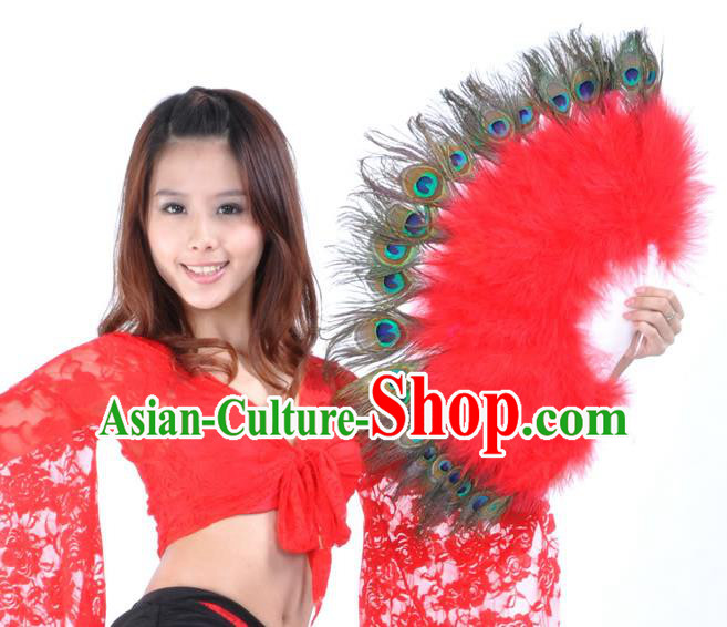 Indian Bollywood Belly Dance Fans Red Feather Folding Fans for Women