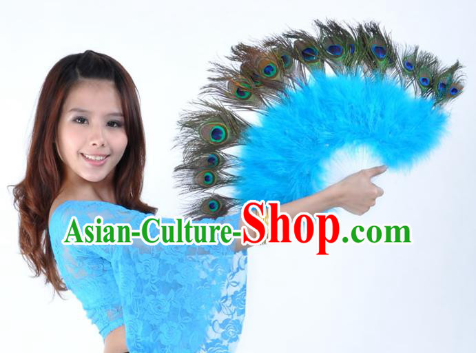 Indian Bollywood Belly Dance Fans Blue Feather Folding Fans for Women