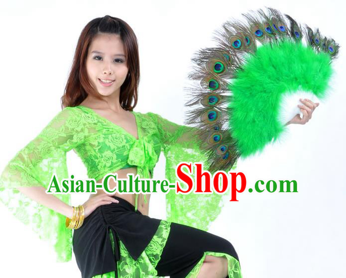 Indian Bollywood Belly Dance Fans Green Feather Folding Fans for Women