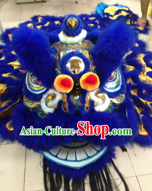 Chinese Traditional Professional Royalblue Wool Lion Dance Costumes Celebration and Parade Lion Head Complete Set