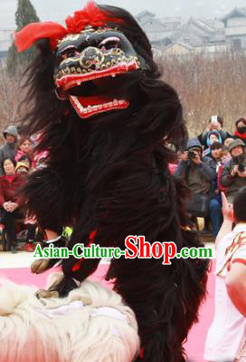 Chinese Traditional Parade Black Long Wool Lion Head Professional Lion Dance Costumes Complete Set
