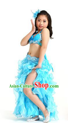 Traditional Indian Belly Dance Blue Dress Asian India Oriental Dance Costume for Kids
