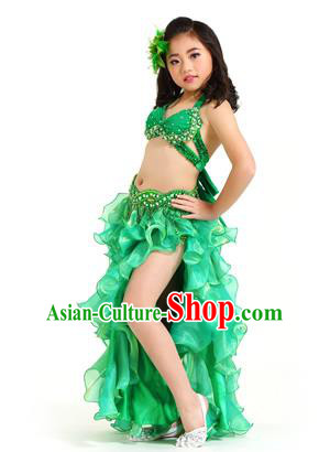 Traditional Indian Belly Dance Green Dress Asian India Oriental Dance Costume for Kids
