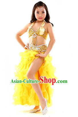 Traditional Indian Children Stage Performance Yellow Dress Oriental Belly Dance Costume for Kids
