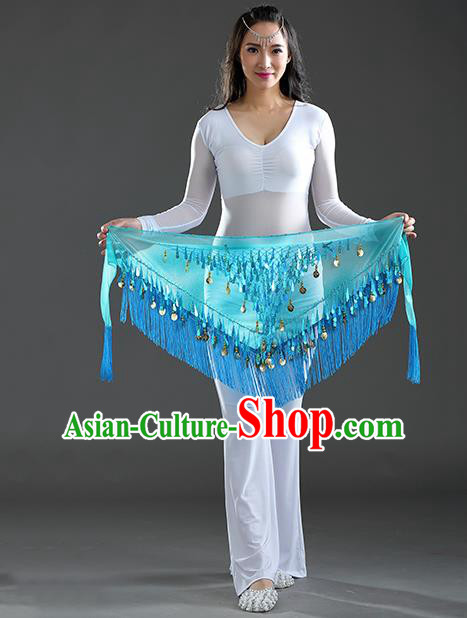 Indian Belly Dance Lake Blue Sequin Fichu Scarf Belts India Raks Sharki Waistband for Women