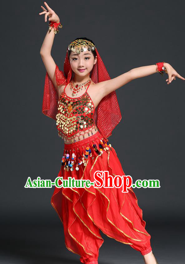 Traditional Indian Children Performance Red Uniforms Oriental Belly Dance Costume for Kids