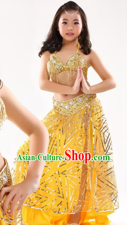 Traditional Indian Children Oriental Dance Yellow Dress Belly Dance Costume for Kids