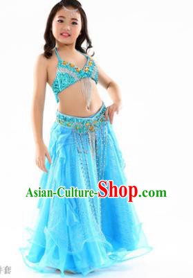 Indian Traditional Stage Performance Dance Blue Dress Belly Dance Costume for Kids