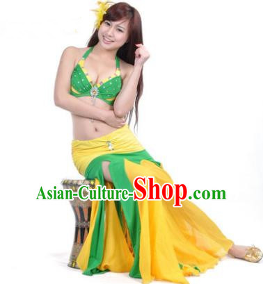 Asian Indian Belly Dance Stage Performance Costume Oriental Dance Yellow and Green Dress for Women