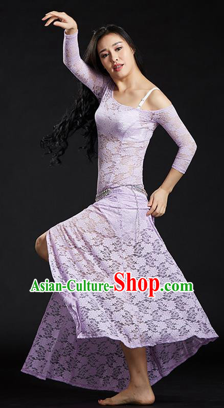 Asian Indian Traditional Costume Belly Dance Stage Performance Lilac Lace Dress for Women